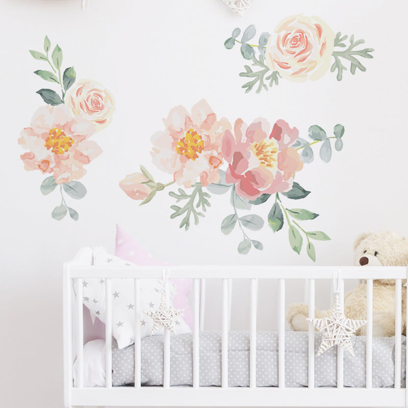 Autocollants Muraux Fleurs Roses Aquarelle pour Chambre de Bébé