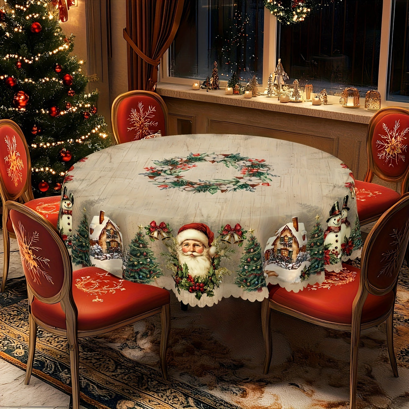 Nappage de Table Rond de Noël avec Thème Santa Claus