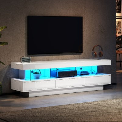 Meuble TV Haut Brillant avec Éclairage LED 160CM, 3 Tiroirs et 3 Espaces de Rangement