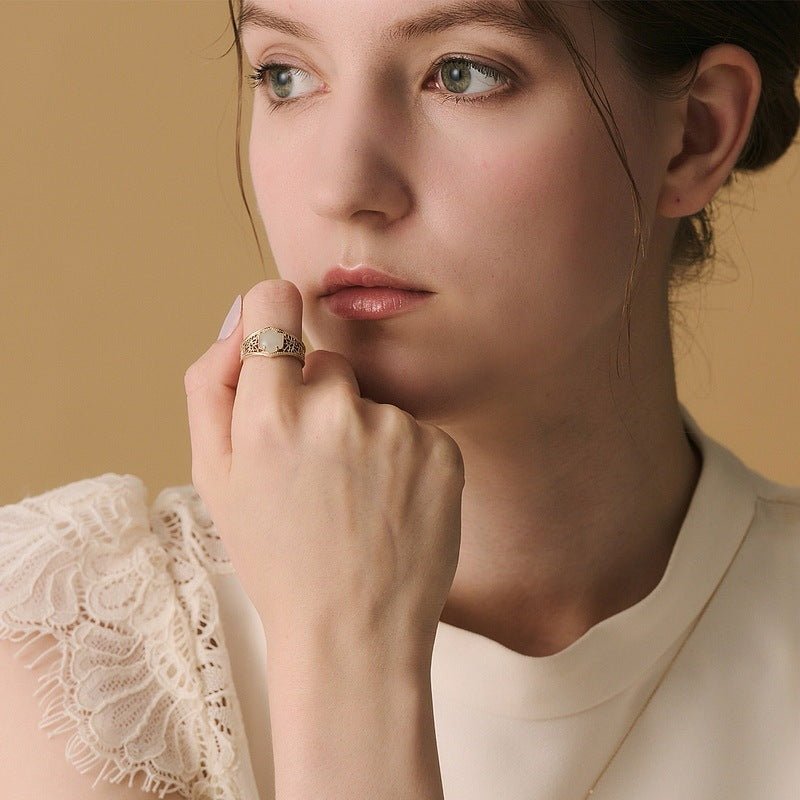 Bague en Jade Hetian Géométrique Hexagonale de Style Rétro - Allomarc.com