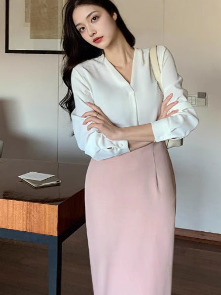 Blouse Chiffon à Manches Longues Style Coréen V - cou pour Femmes - Allomarc.com