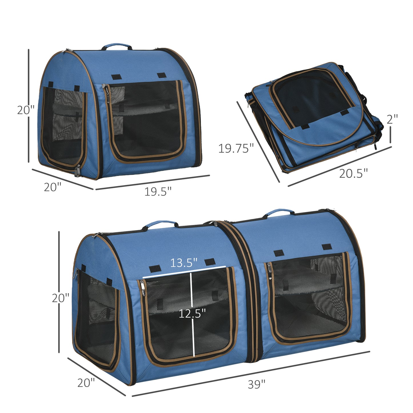 Cage à Chats Portable à Double Compartiment 39" - Kennel Souple avec Coussins Doux - Sac de Rangement Bleu