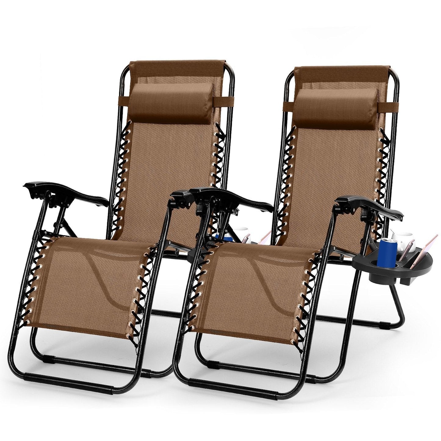 Chaises Longues Zero Gravity en Pack de 2 avec Plateau Latéral et Coussin de Soulagement du Stress - Charge Max 330lbs - Allomarc.com