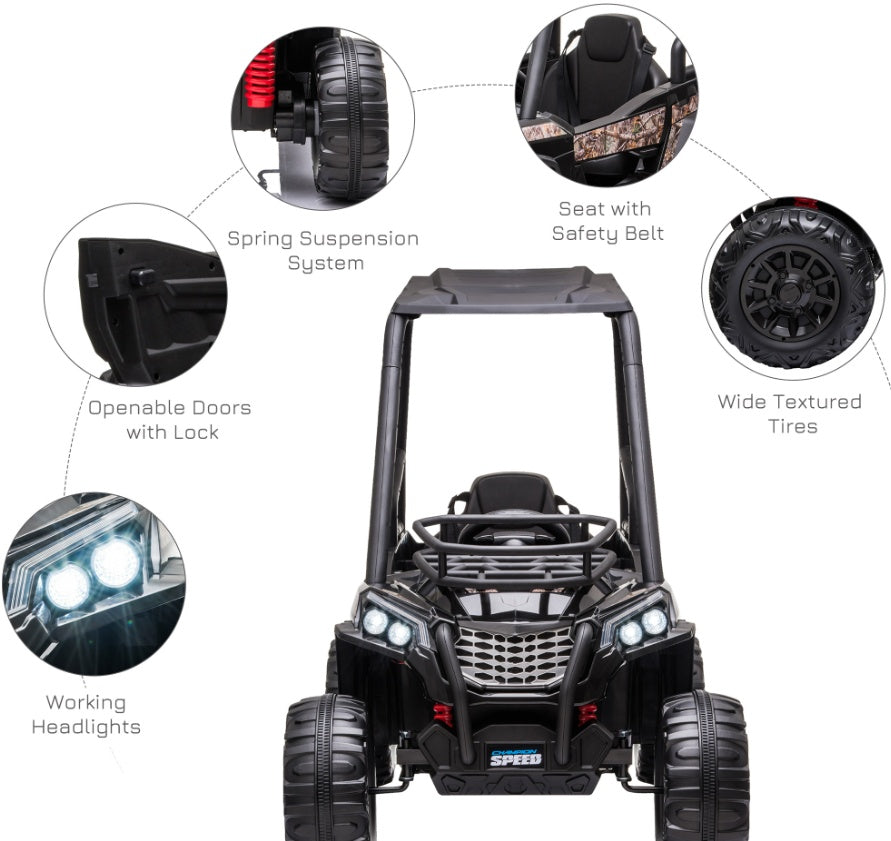 Voiture Électrique UTV 12V pour Enfants Camouflage Noir avec Télécommande et Toit Haut
