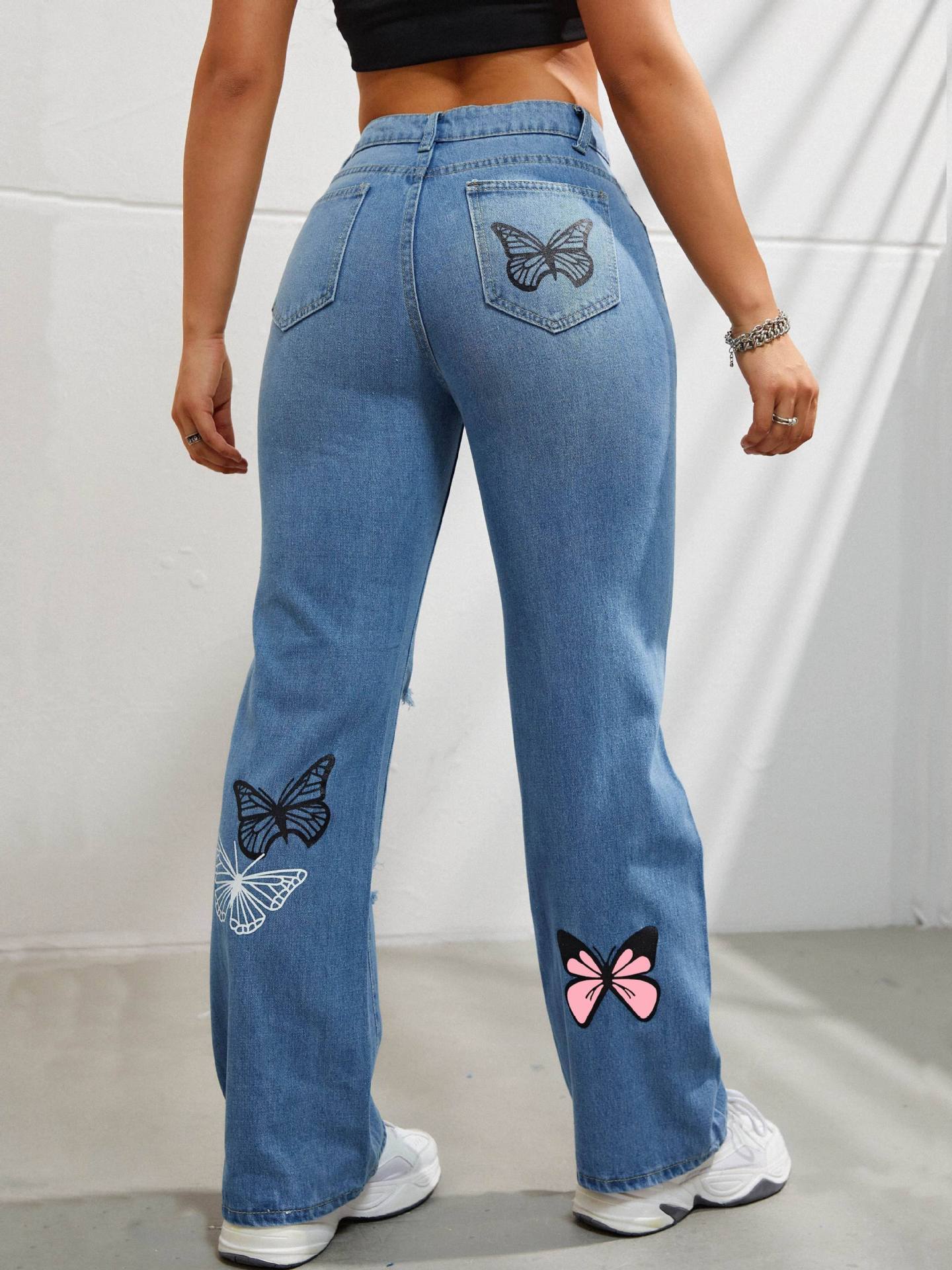 Jeans Taille Haute Droits Femme Imprimé Papillon Dénim Distressé - Allomarc.com