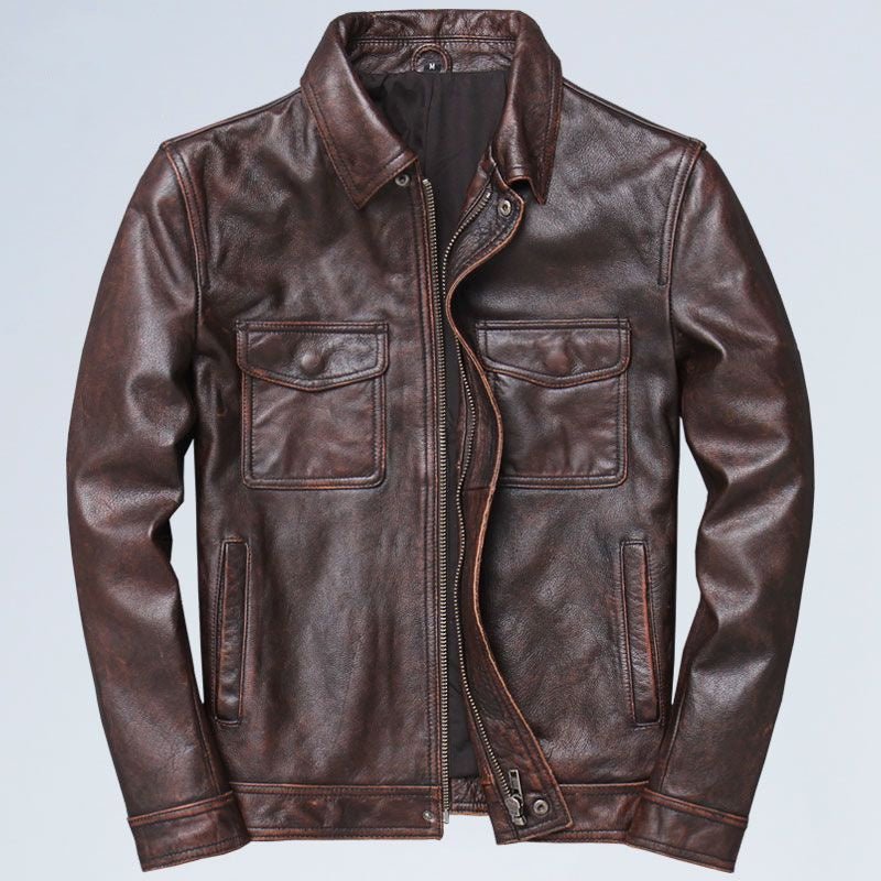 Veste en Cuir Retro pour Hommes avec Revers - Style Moto - Allomarc.com