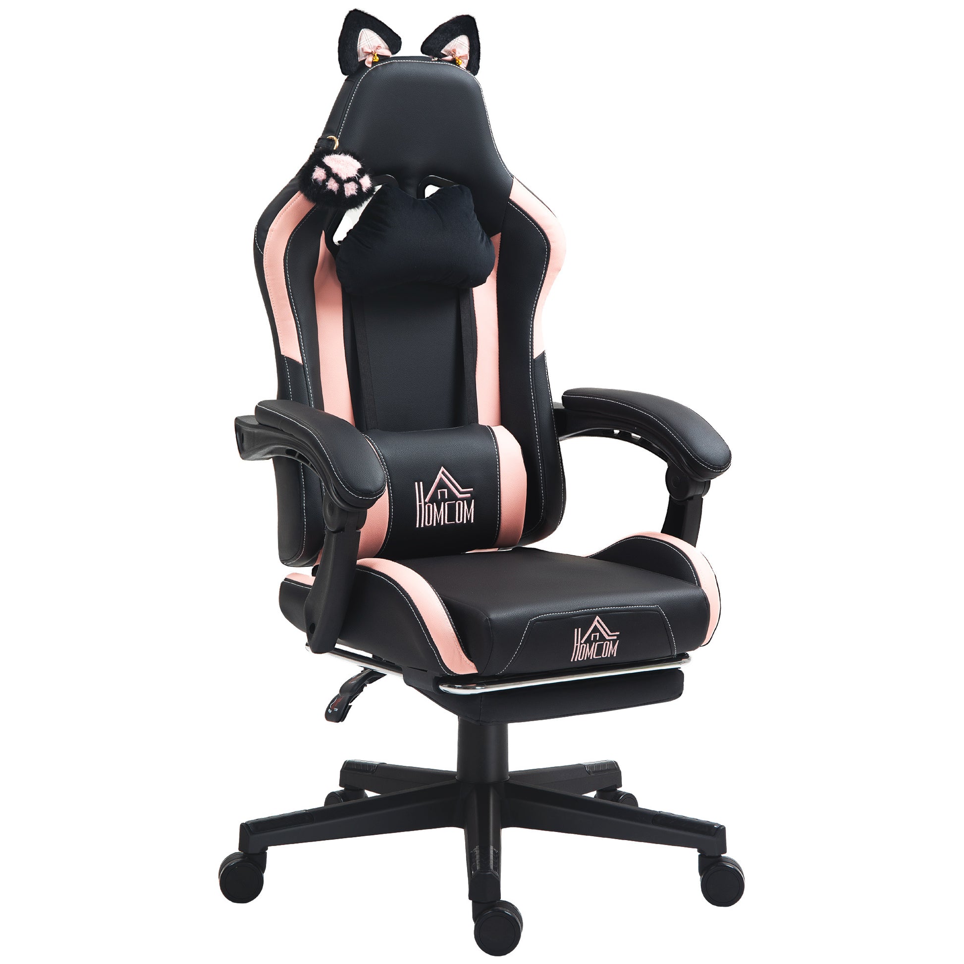 Chaise de Gaming Mignonne avec Oreilles de Chat, Fauteuil en Similicuir avec Repose-Pieds, Têtière et Support Lombaire, Noir