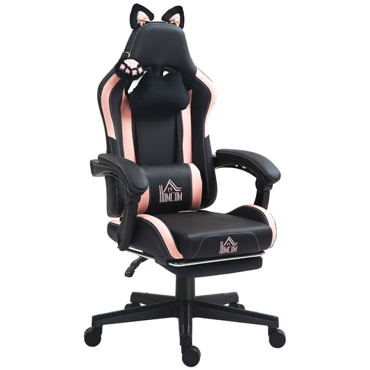 Chaise de Gaming Mignonne avec Oreilles de Chat, Fauteuil en Similicuir avec Repose-Pieds, Têtière et Support Lombaire, Noir