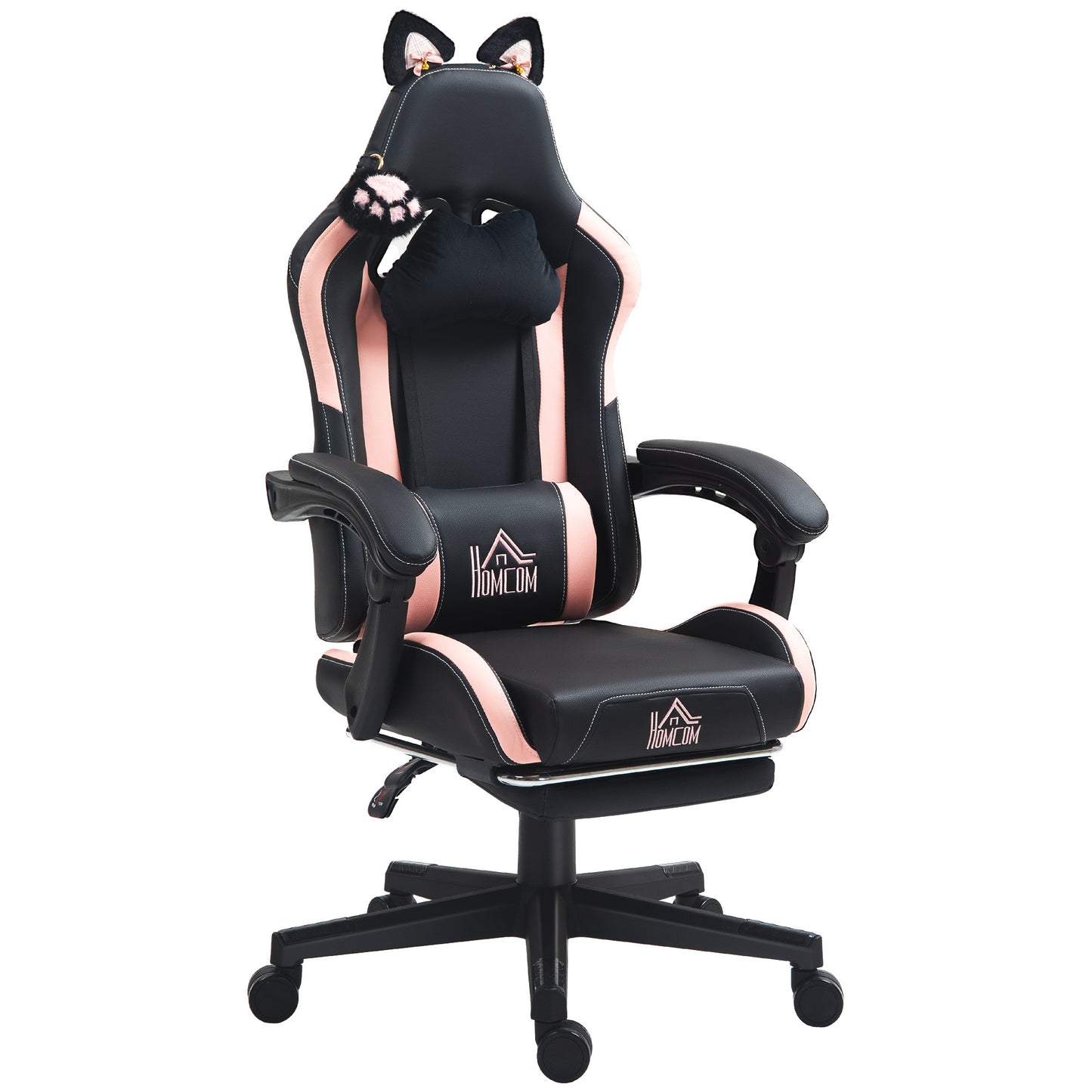 Chaise de Gaming Mignonne avec Oreilles de Chat, Fauteuil en Similicuir avec Repose-Pieds, Têtière et Support Lombaire, Noir