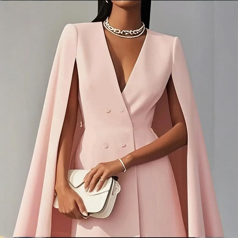 Robe Blazer Cape Élégante Femme en Couleur Unie avec Col V Double Boutonnage pour Printemps & Été
