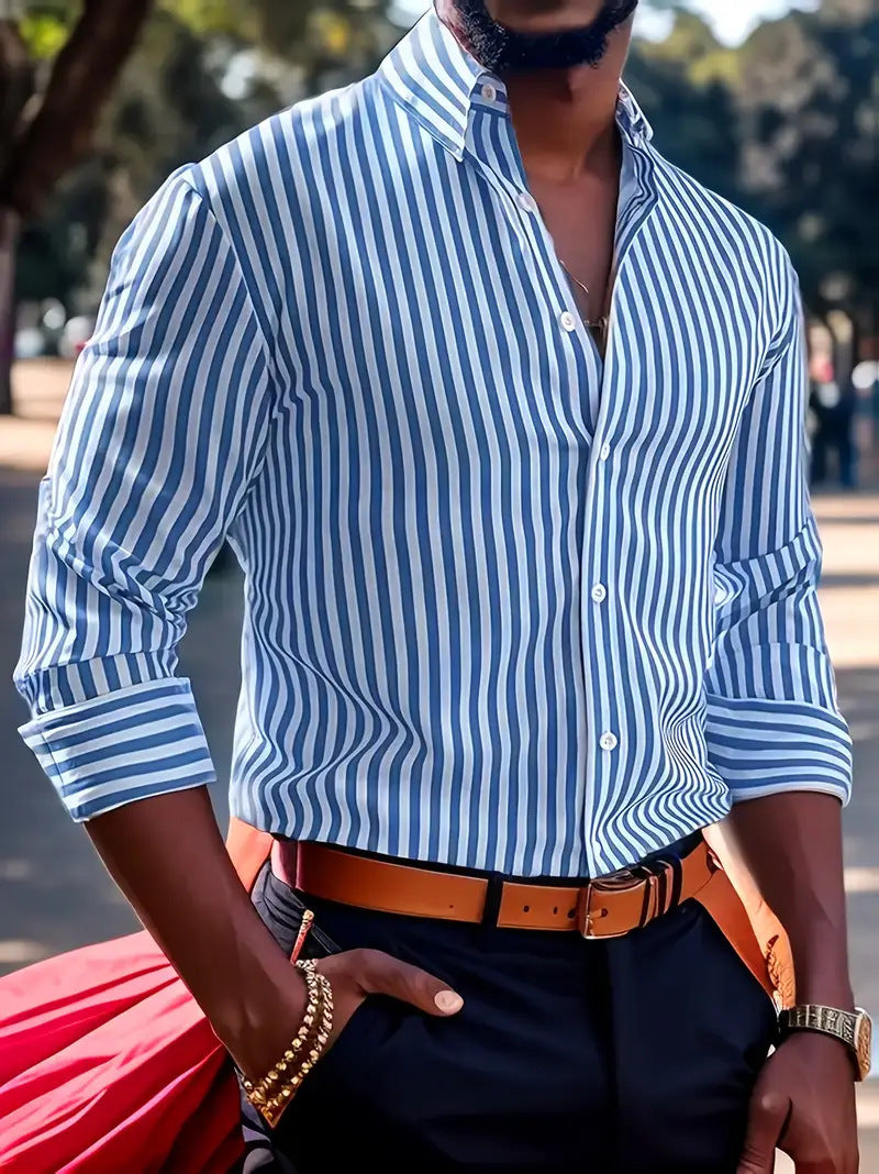 Chemise à Manches Longues Rayée pour Homme - Mode Décontractée avec Col et Boutons