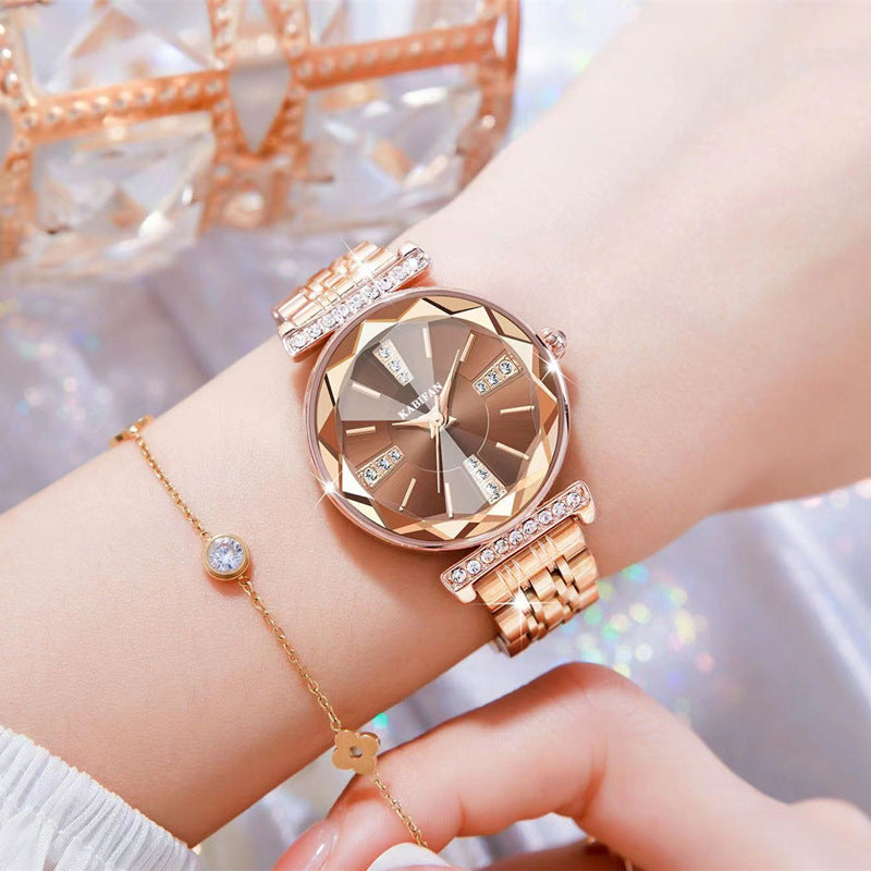 Montre Femme Étanche en Acier avec Miroir et Diamants