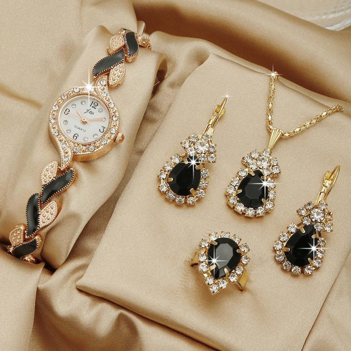 Montre de Mode avec Bijoux Complémentaires : Montre Quartz, Collier, Bracelet, Bague et Boucles d'Oreilles