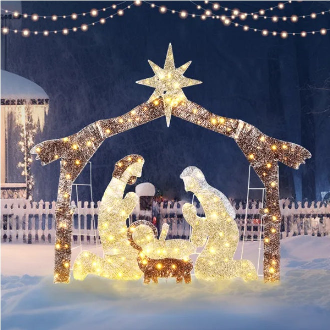 Décoration de Jardin Nativité Jésus avec Lumières LED 190 - 6 pieds en Toit Brun