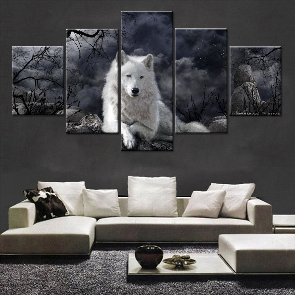 Toile Murale 5 Panneaux Art Animal Loup - Décoration Intérieure
