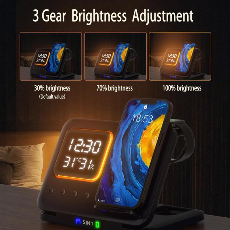 Station de Charge Sans Fil 15W avec Horloge Numérique LED et Support 5 en 1