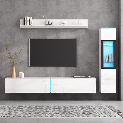 Ensemble de 3 unités murales TV, meuble TV LED, cabinet TV haut brillant, mobilier de salon blanc