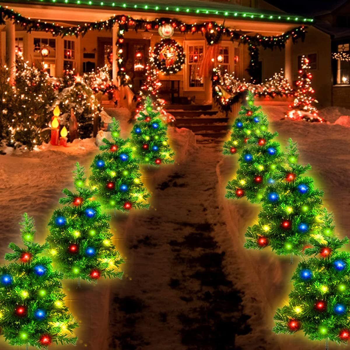 Paquet de 2 Arbres de Noël Solaires avec Lumières LED Multicolores
