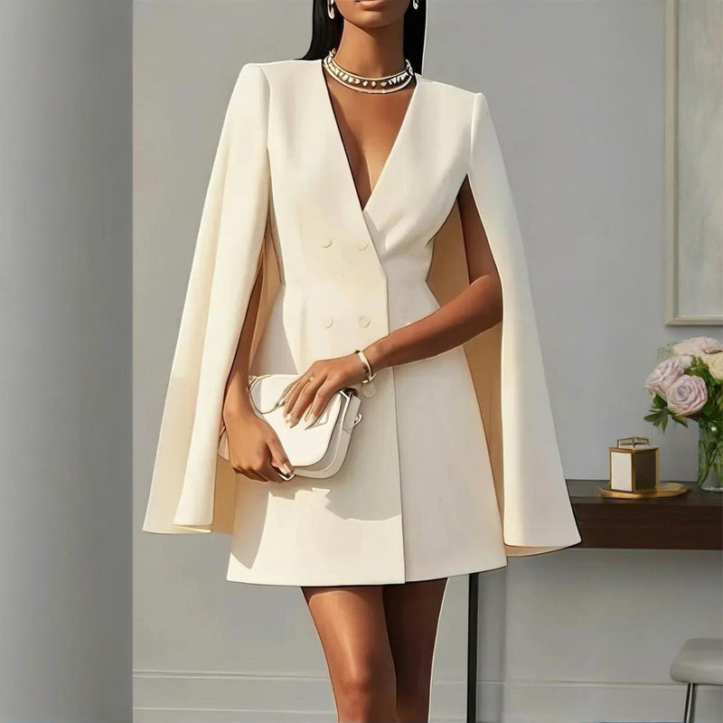 Robe Blazer Cape Élégante Femme en Couleur Unie avec Col V Double Boutonnage pour Printemps & Été