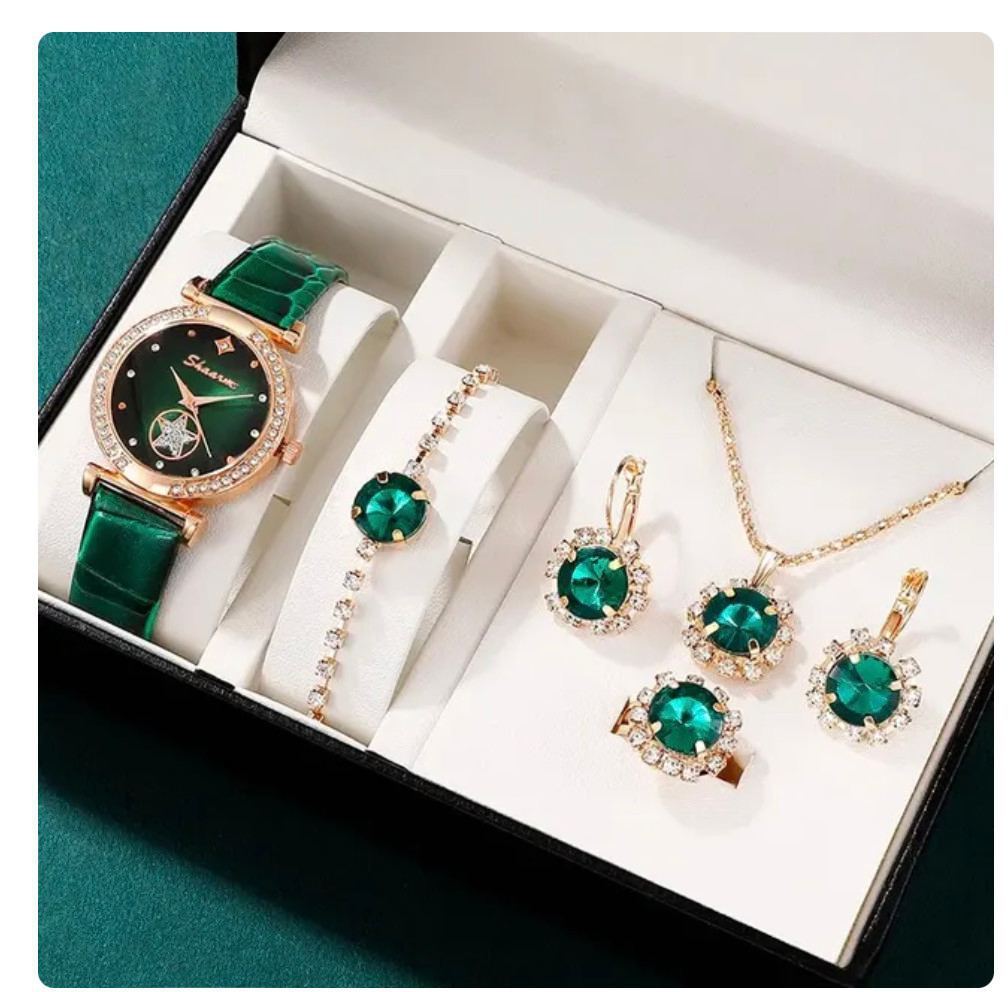 Montre de Mode avec Bijoux Complémentaires : Montre Quartz, Collier, Bracelet, Bague et Boucles d'Oreilles