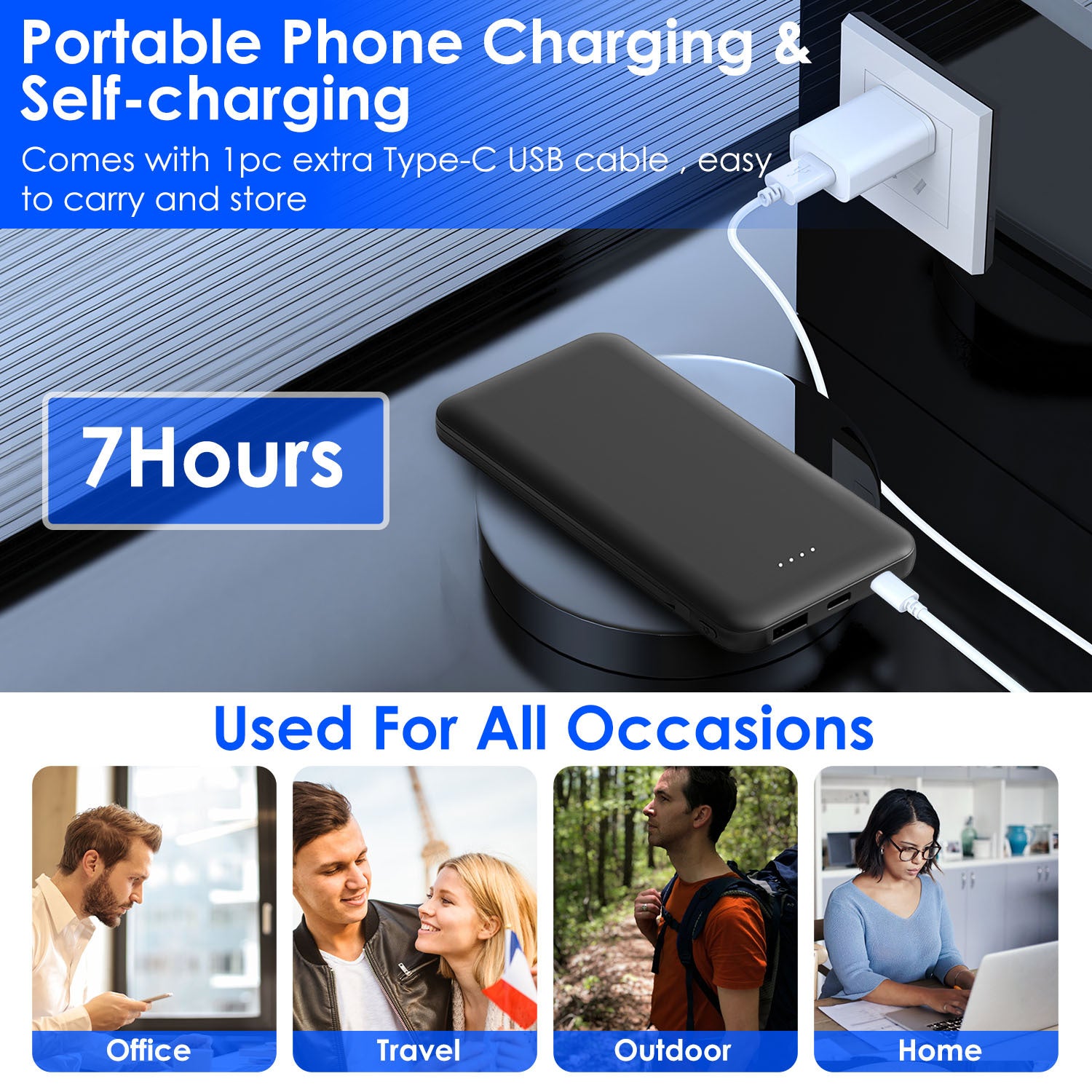 Chargeur Portable 10000mAh avec Câble Type C et LT - Idéal pour iPhone et Android