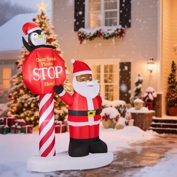 Décoration Gonflable de Noël 8,2FT avec Santa Noir et Panneau de Signalisation
