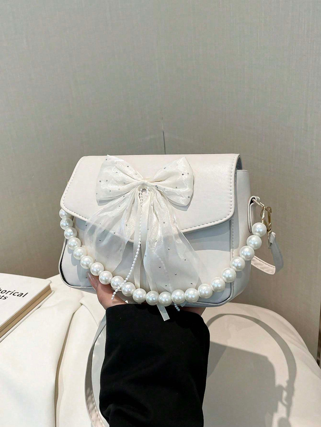 Sac à main en dentelle avec nœud en perles - Sac à bandoulière pour femmes