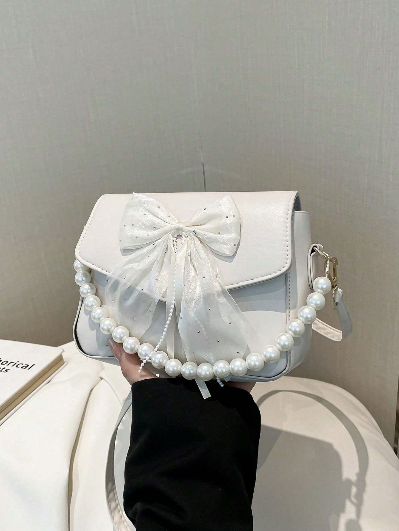 Sac à main en dentelle avec nœud en perles - Sac à bandoulière pour femmes