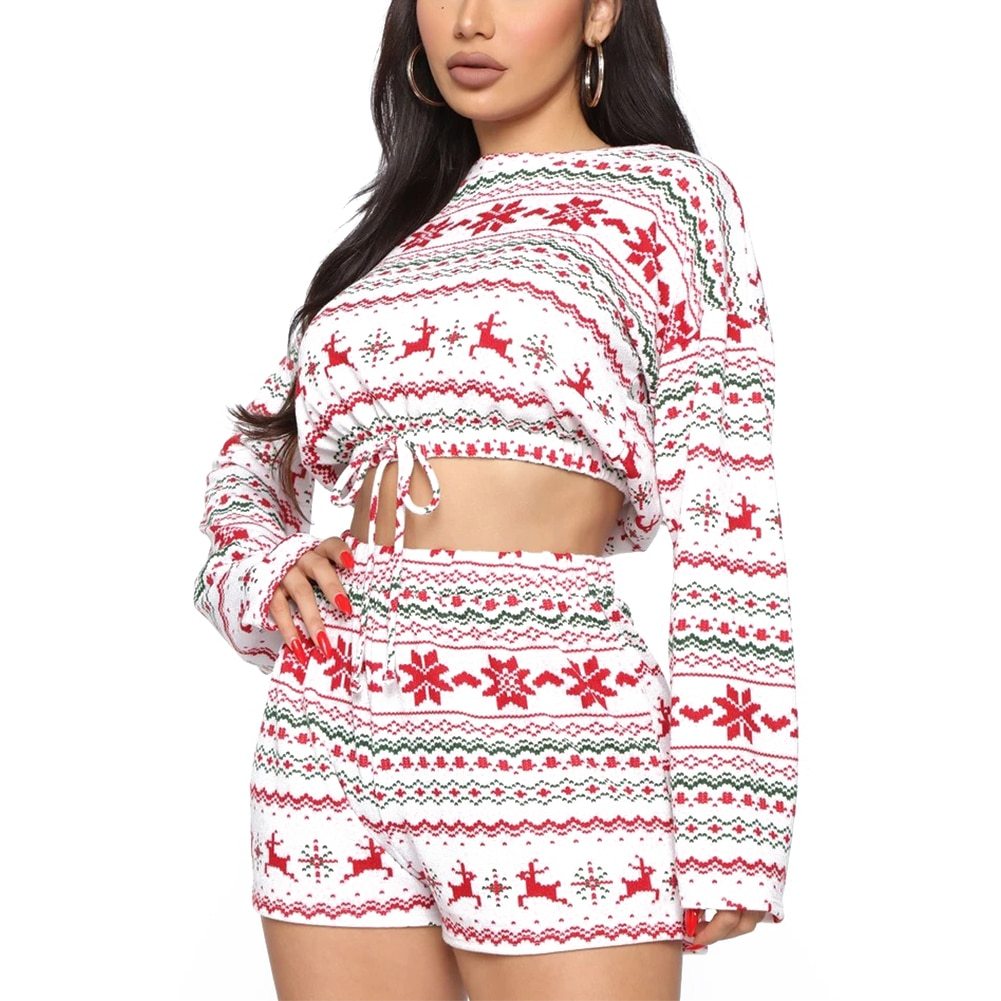 Ensemble de Pyjama de Noël pour Femmes - Top Court à Manches Longues et Short
