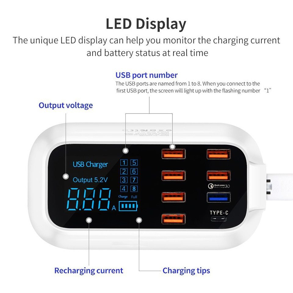 Station de Chargement USB Intelligent Quick Charge 3.0 à 8 Ports
