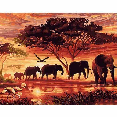 CHENISTORY Élégance des Élphants au Couché de Soleil - Peinture Par Numéros DIY