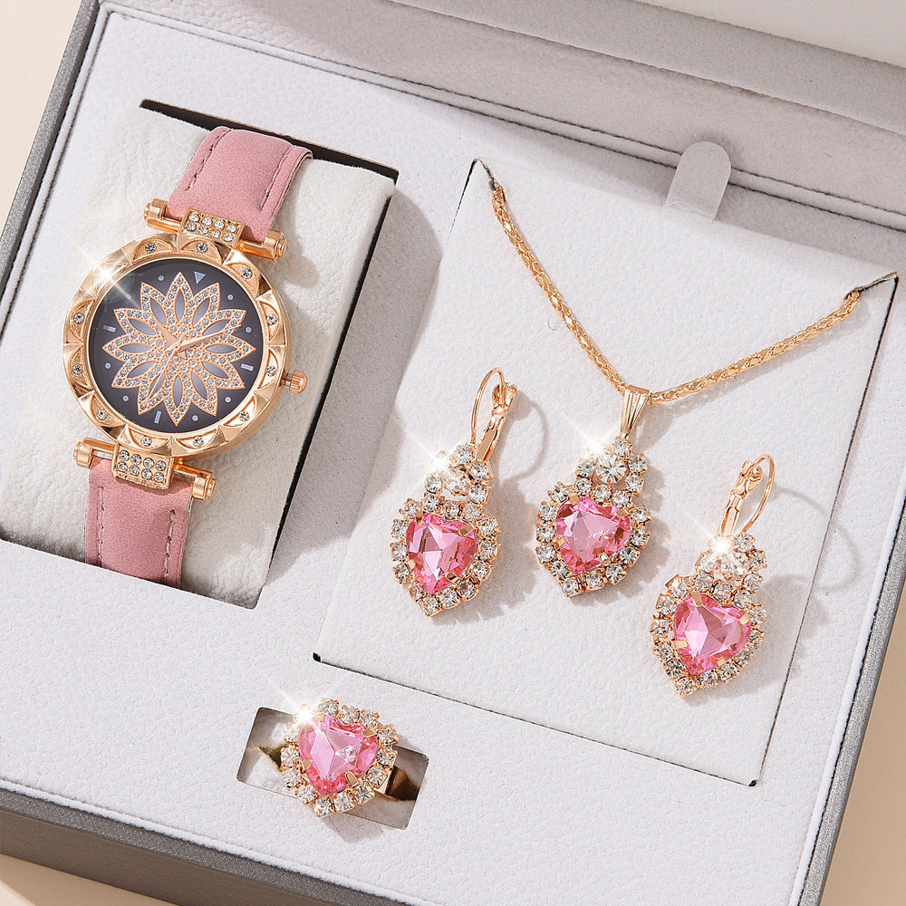 Montre de Mode avec Bijoux Complémentaires : Montre Quartz, Collier, Bracelet, Bague et Boucles d'Oreilles