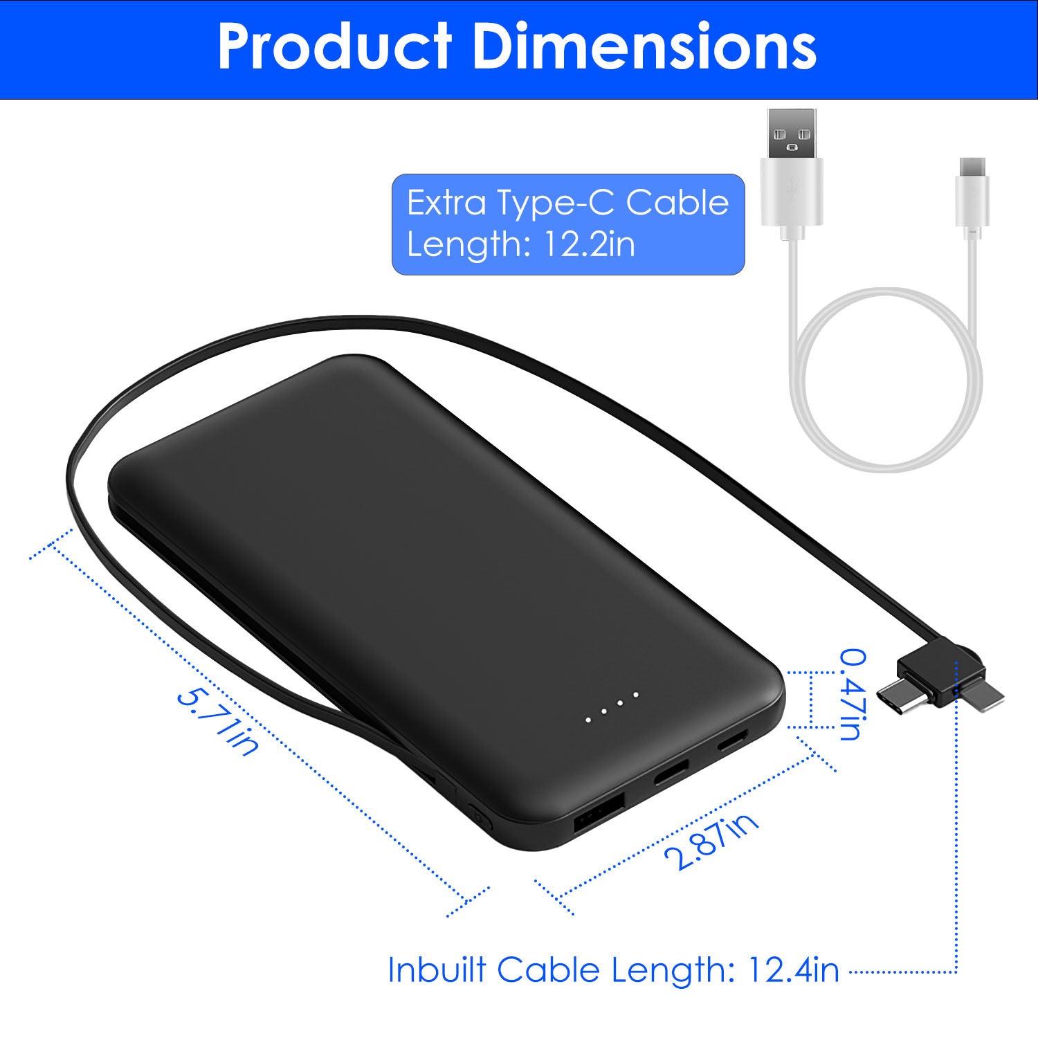 Chargeur Portable 10000mAh avec Câble Type C et LT - Idéal pour iPhone et Android