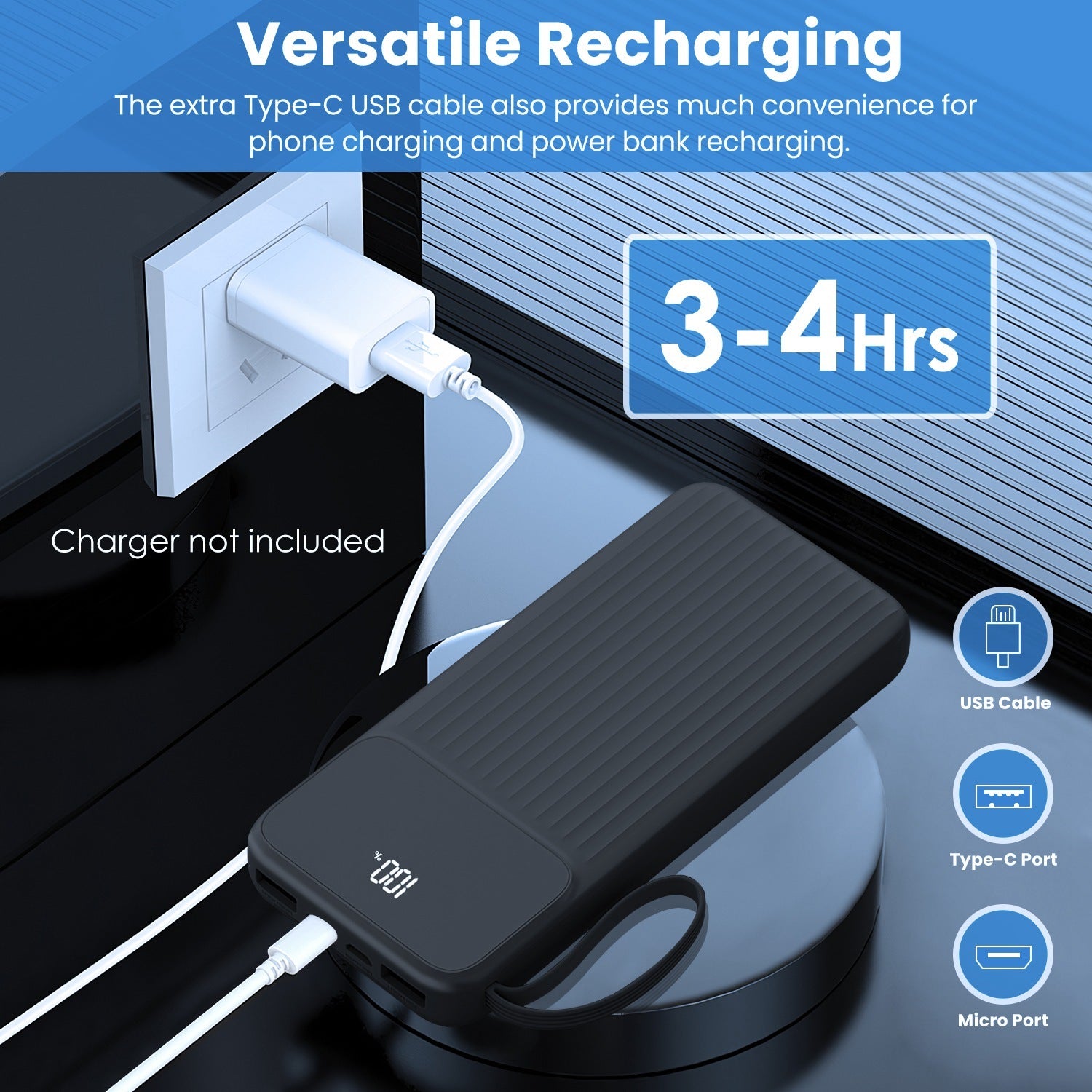 Chargeur Rapide 1Pc PD22W 20000mAh avec Câbles Intégrés