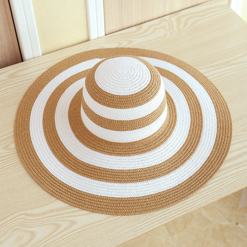 Chapeau de Plage Rayé en Paille avec Large Bord pour Femmes