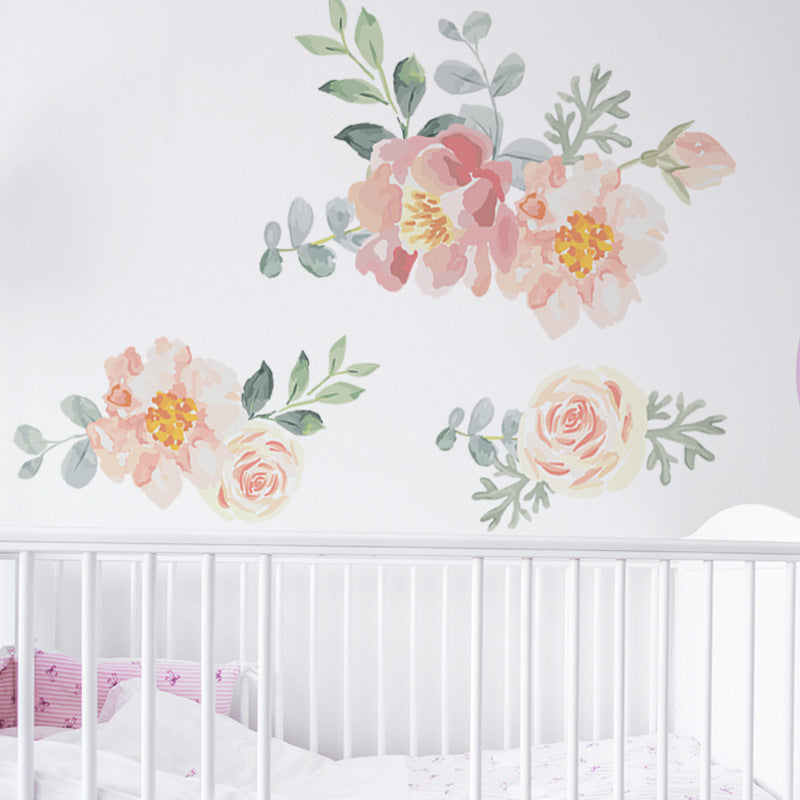 Autocollants Muraux Fleurs Roses Aquarelle pour Chambre de Bébé