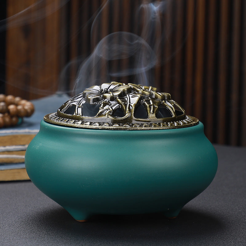 Brûleur d'Encens en Céramique Bouddha avec Couvercle en Cuivre