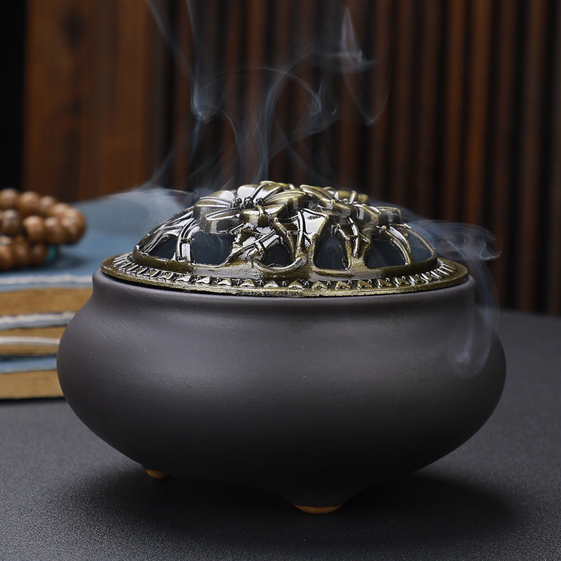 Brûleur d'Encens en Céramique Bouddha avec Couvercle en Cuivre