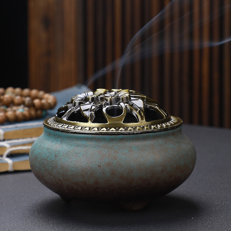 Brûleur d'Encens en Céramique Bouddha avec Couvercle en Cuivre