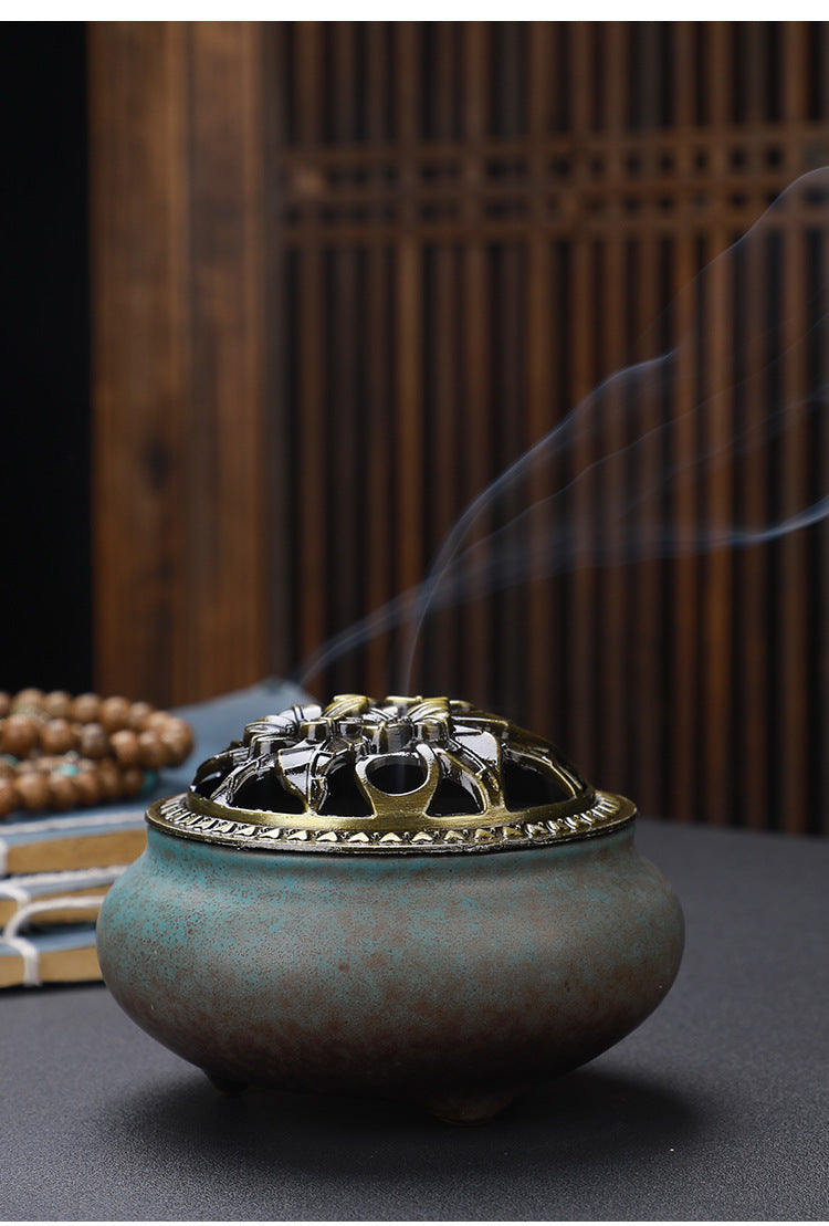 Brûleur d'Encens en Céramique Bouddha avec Couvercle en Cuivre