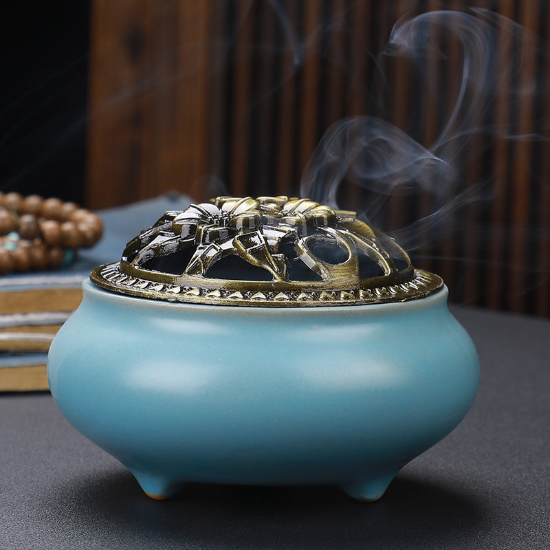 Brûleur d'Encens en Céramique Bouddha avec Couvercle en Cuivre