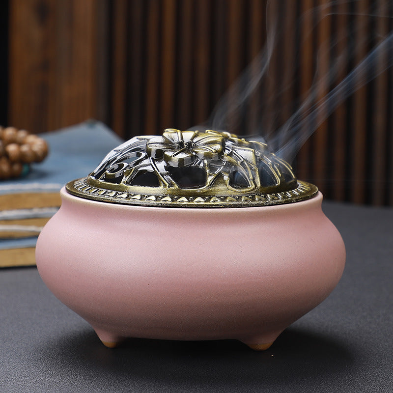 Brûleur d'Encens en Céramique Bouddha avec Couvercle en Cuivre