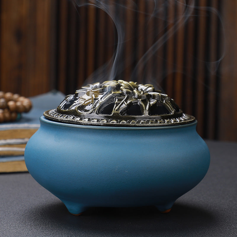 Brûleur d'Encens en Céramique Bouddha avec Couvercle en Cuivre