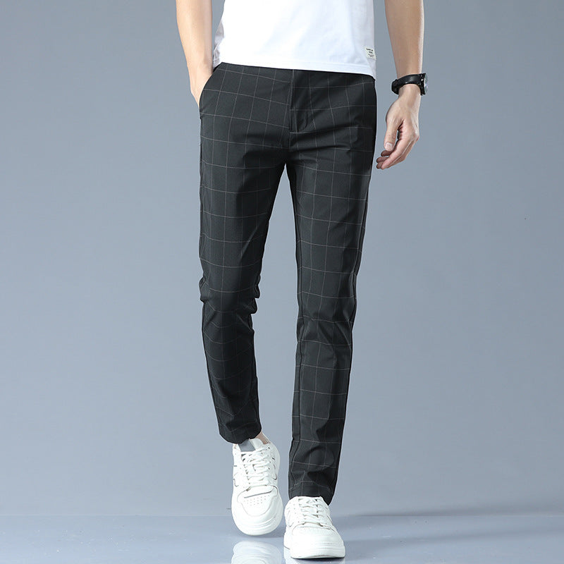 Pantalons Slim Fit en Soie Glacée à Carreaux pour Hommes