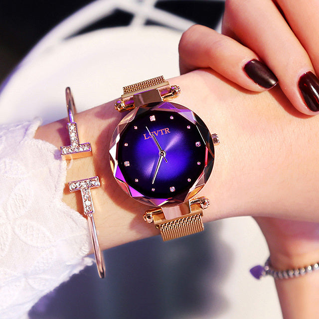Montre Femme Rose Or avec Diamants – Montre Magnétique Étoilée Étanche
