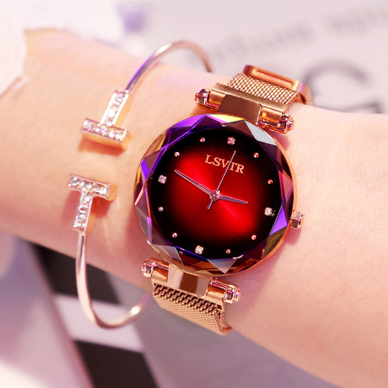Montre Femme Rose Or avec Diamants – Montre Magnétique Étoilée Étanche