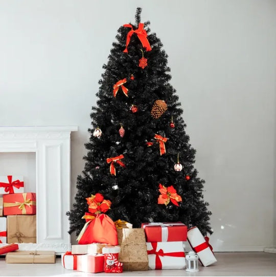 FCH Sapin de Noël Noir 7ft avec 1500 Branches en PVC et Support en Fer