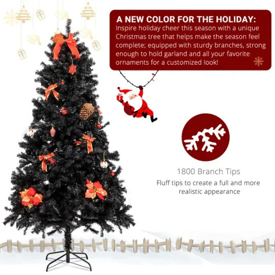 FCH Sapin de Noël Noir 7ft avec 1500 Branches en PVC et Support en Fer