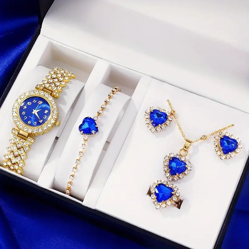 Montre de Mode avec Bijoux Complémentaires : Montre Quartz, Collier, Bracelet, Bague et Boucles d'Oreilles