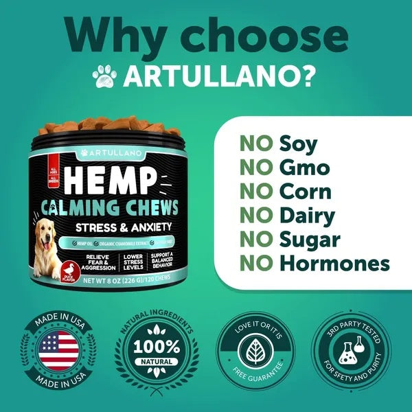 Friandises Calmantes au Chanvre pour Chiens - Soulagement de l'Anxiété avec Huile de Chanvre, Curcuma, Valériane et Gingembre